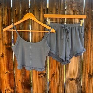 SHEIN blue ruffle open back lounge shorts and tank set pajamas, size S